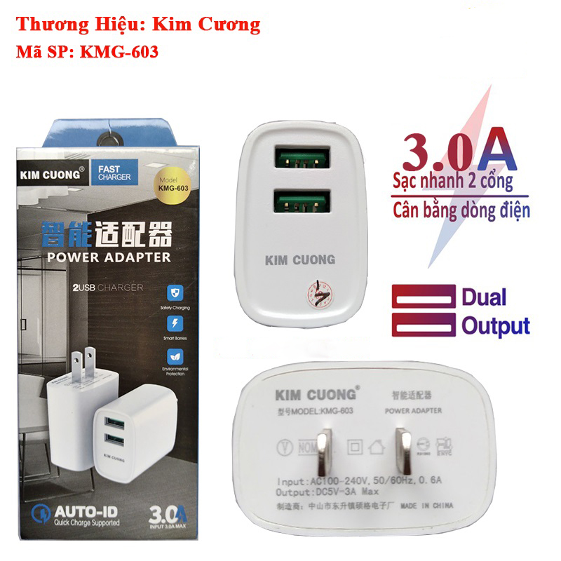 Củ sạc nhanh 3A kim cương kmg 603 2 cổng sạc usb