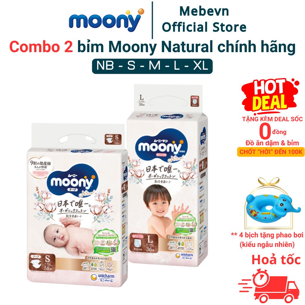 [Voucher 10% toàn gian] Combo 2 bỉm moony trắng, bỉm moony natural chính hãng Dán/Quần đủ size NB62/S58/M46/L36/XL32