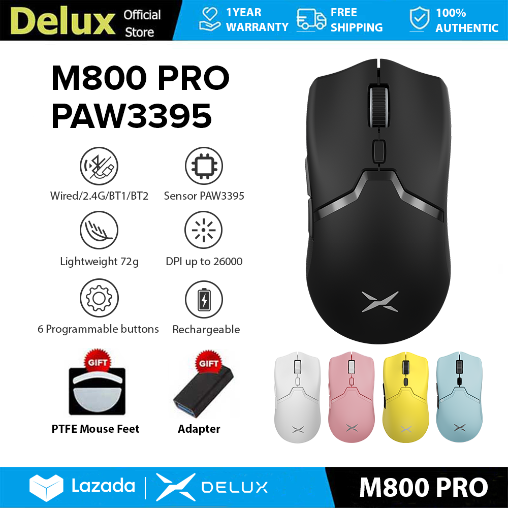 Delux M800 PRO PAW3395 Chuột Chơi Game DPI MAX 26000 Có Dây 2.4G Bluetooth Không Dây Sạc Có Thể Lập Trình 72g Nhẹ Cho PC/Laptop/Windows
