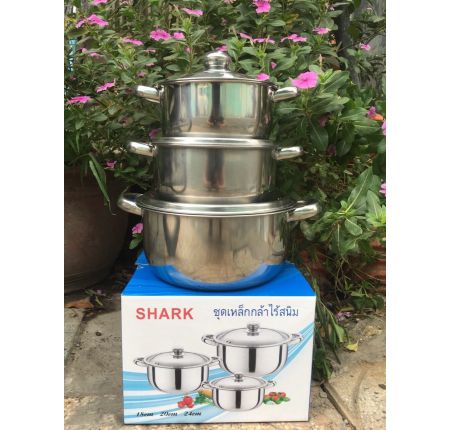 [HCM]BỘ NỒI SHARK 3 CÁI INOX CAO CẤP-Mua Bộ Nồi Thái Lan Inox 304 Không Rỉ Sét Dùng Được Cho Tất Cả Loại Bếp-Gồm 3 Nồi 24cm 20cm 16cm.Bảo Hành 1 Đổi 1