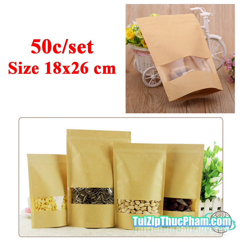 50 cái túi zip MIS size 18x26cm đựng 500g bột mịn Túi giấy kraft vàng có cửa sổ tràn viền đáy đứng, túi zipper giấy đựng thực phẩm chất lượng cao