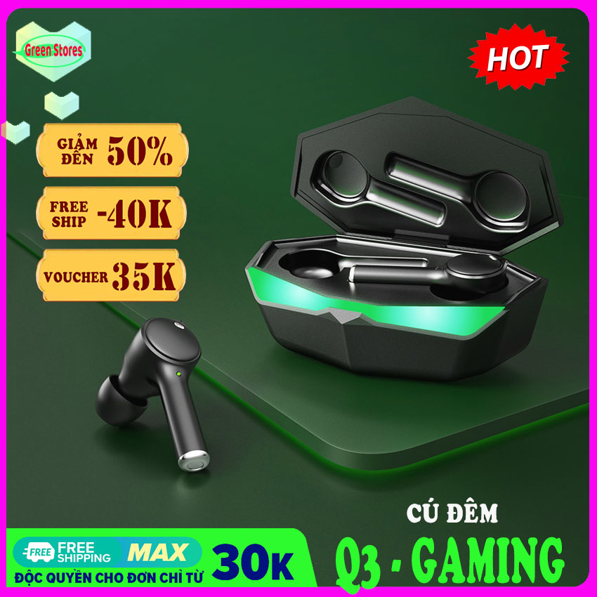 [New 2021] Tai nghe TWS gaming CÚ ĐÊM-Q3 GamePods tai nghe Bluetooth 5.0 có độ trễ thấp CHỈ 40ms tai nghe gaming có mic Âm trầm tuyệt vời, hai Chế độ trò chơiâm nhạc  Đèn LED lấp lánh Tai nghe không dây cho PUBG-[GREENSTORE]