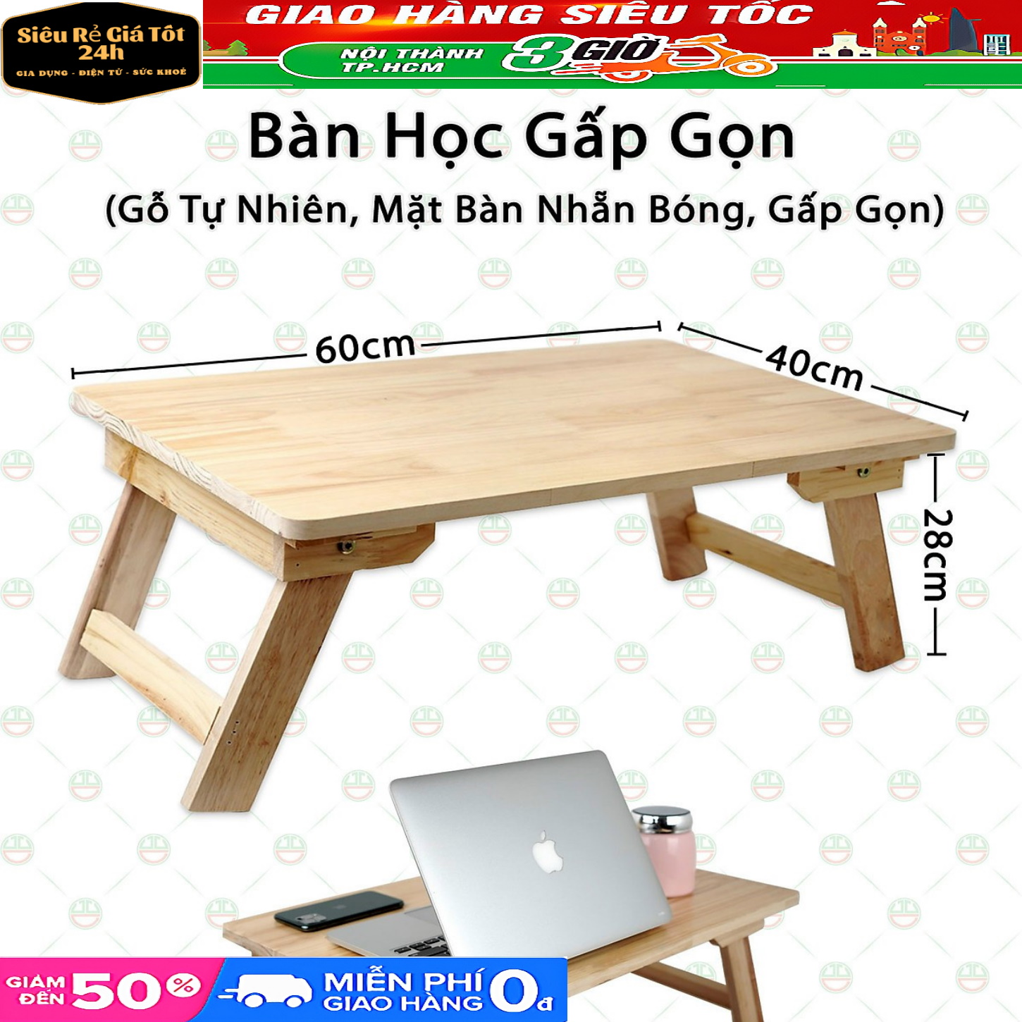 Bàn gấp gọn mini gỗ tự nhiên, bàn gỗ đa năng chân xếp 40x60cm - Không Bập Bênh Chân Bàn