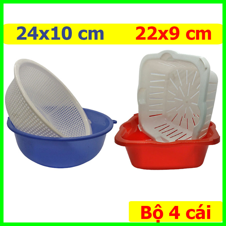 Thau Rổ cặp-Combo 4 cái rổ nhựa và thau nhựa (1 cặp tròn 24cm + 1 cặp vuông 22cm). Màu ngẫu nhiên