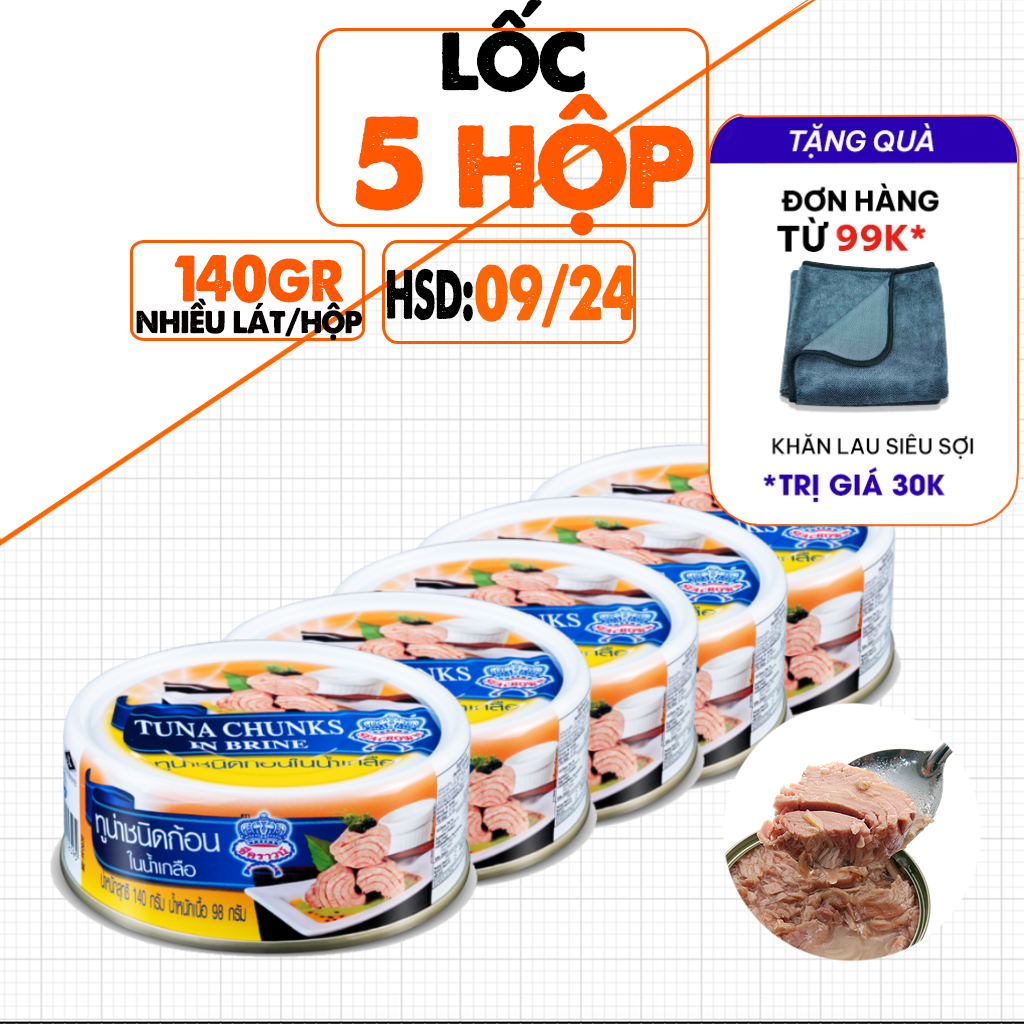 Lốc 5 hộp cá ngừ xắt khúc ngâm muối seacrown, nhập thái, lon 140g, vị mặn, thơm, bùi, mềm, dùng ăn ngay, date 10/2026