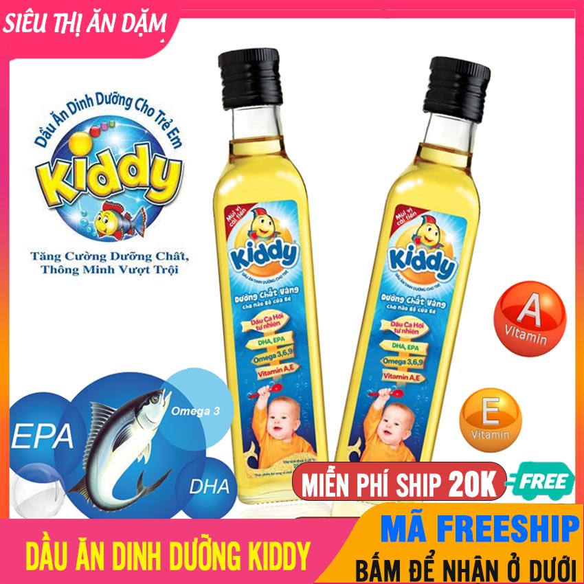 [COMBO 2] Dầu Ăn Cho Bé KIDDY Dầu Cá Hồi, Chứa Dha, Omega 3, Vitamin A Giúp Trẻ Thông Minh, Mắt Sáng Hơn - Dầu Ăn Cho Trẻ Ăn Dặm, Dầu Cá Hồi Cho Bé Ăn Dặm, Dau Cho Be, Đồ Ăn Dặm Cho Bé - 2 Dau An Dam KIDDY - 8934988050004x2