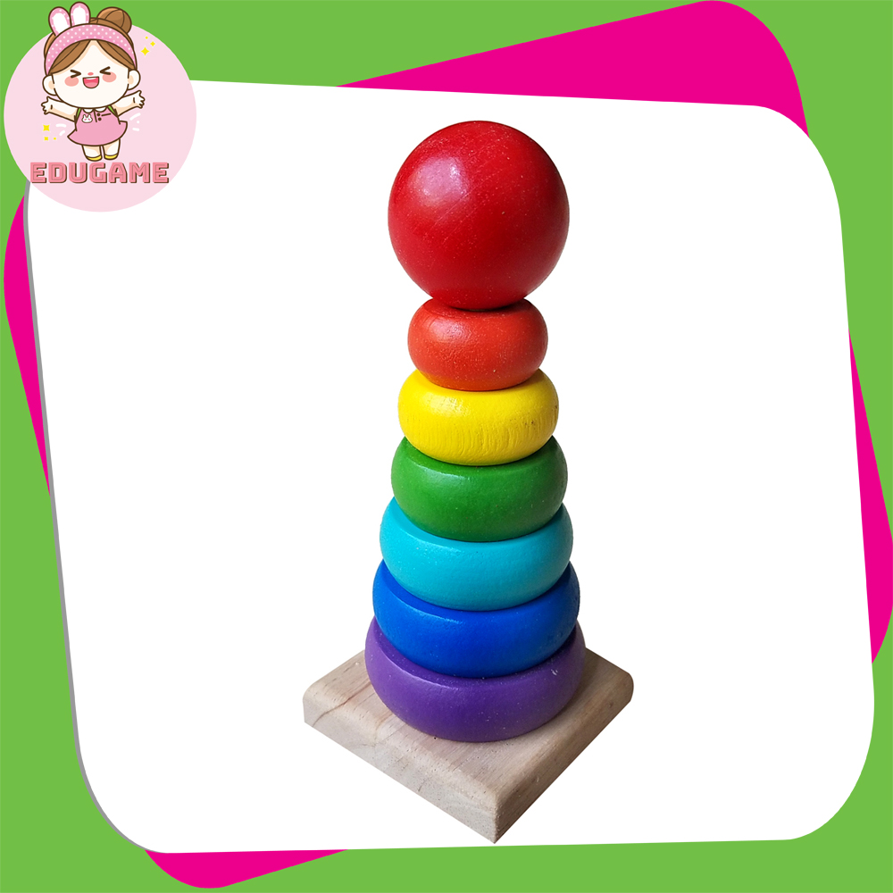 Tháp cầu vòng [SIZE NHỎ] xếp chồng 7 tầng bằng gỗ - Đồ chơi giáo dục sớm cho bé 1 tuổi - Giáo Cụ Montessori