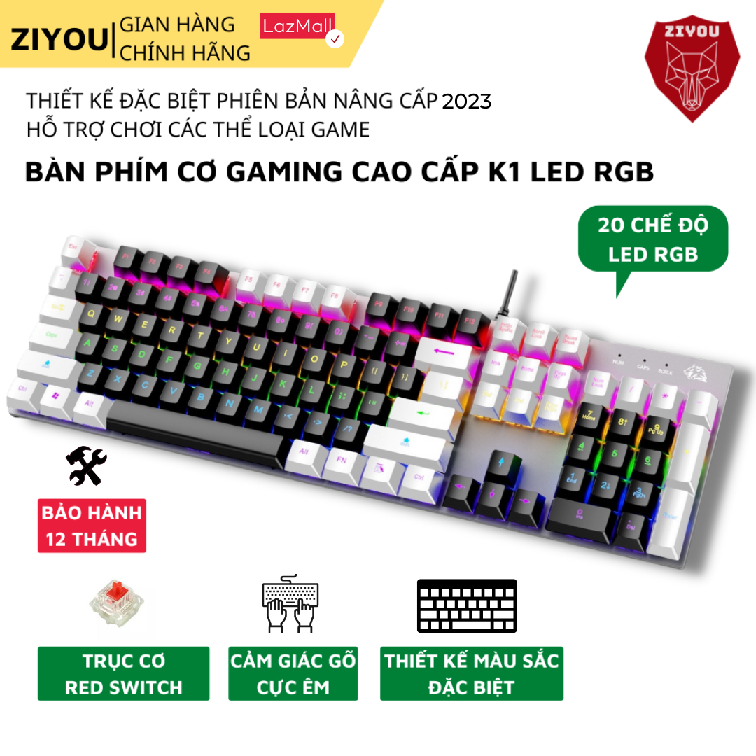 Bàn Phím CƠ Gaming K1 Red Switch Thế Hệ Cơ Mới Gõ Cực Đã Có 20 Chế Độ Led RGB Nháy 7 Màu, Phím Gõ Êm Thích Hợp Chơi Game Dùng Văn Phòng, Thiết Kế Hiện Đại Full Size Tương Thích Với Máy Tính, Laptop Windows, Mac OS