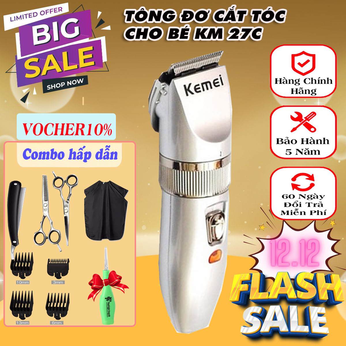 (Bảo hành 5 năm) Tông đơ cắt tóc loại tốt chính hãng kemei, máy cắt tóc người lớn, trẻ em giá rẻ tặng kèm kéo cắt tỉa, áo choàng, dao cạo râu