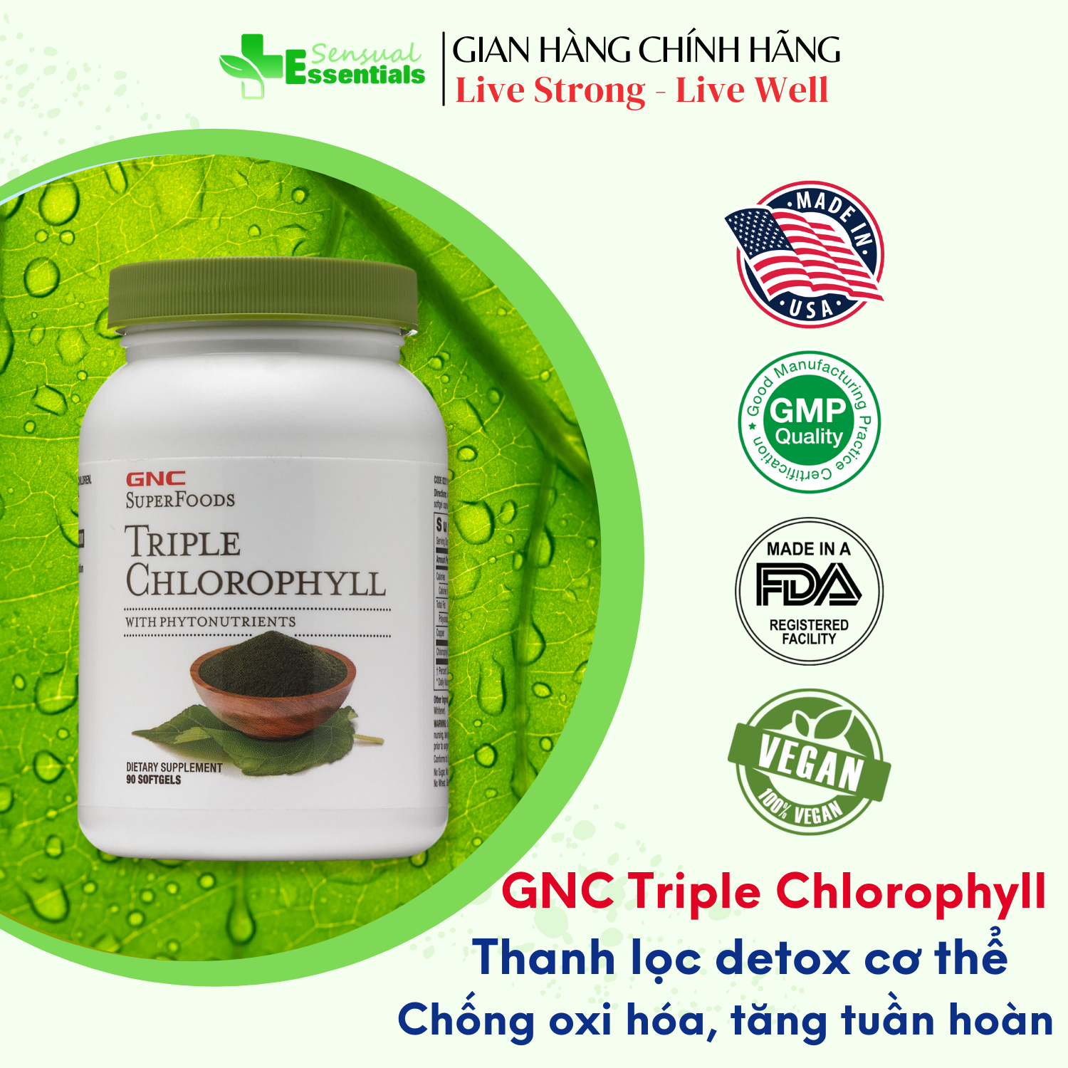 [HCM][CHÍNH HÃNG] GNC Triple Chlorophyll - Viên uống bổ sung diệp lục xanh cao cấp giúp tăng cường sức khỏe thanh lọc độc tố khử mùi cơ thể làm đẹp da