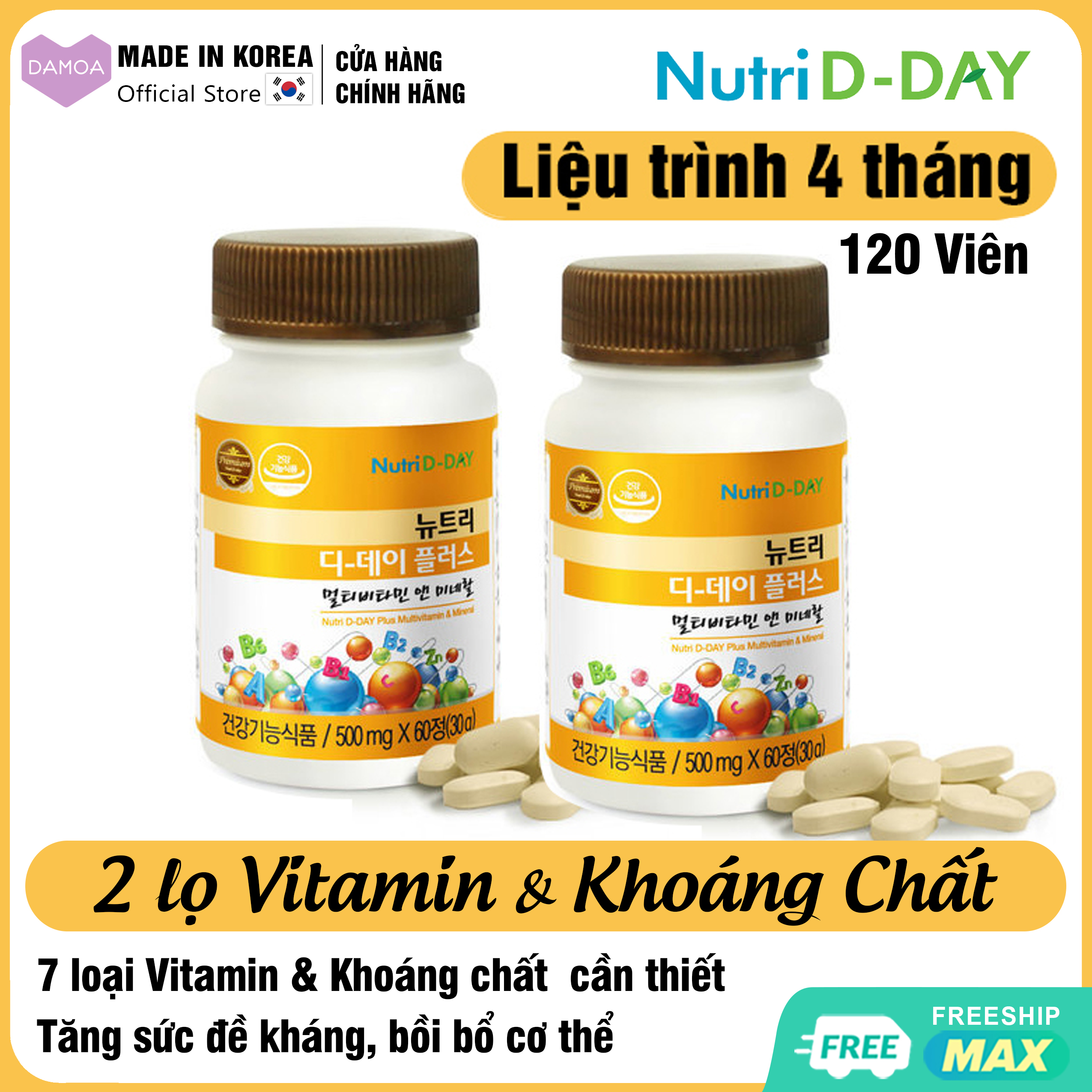Lọ 60 Viên uống Tổng hợp 7 loại Vitamin & Khoáng chất từ Rau Củ Quả Nutri D-Day Plus Multivitamin & Mineral Hàn Quốc