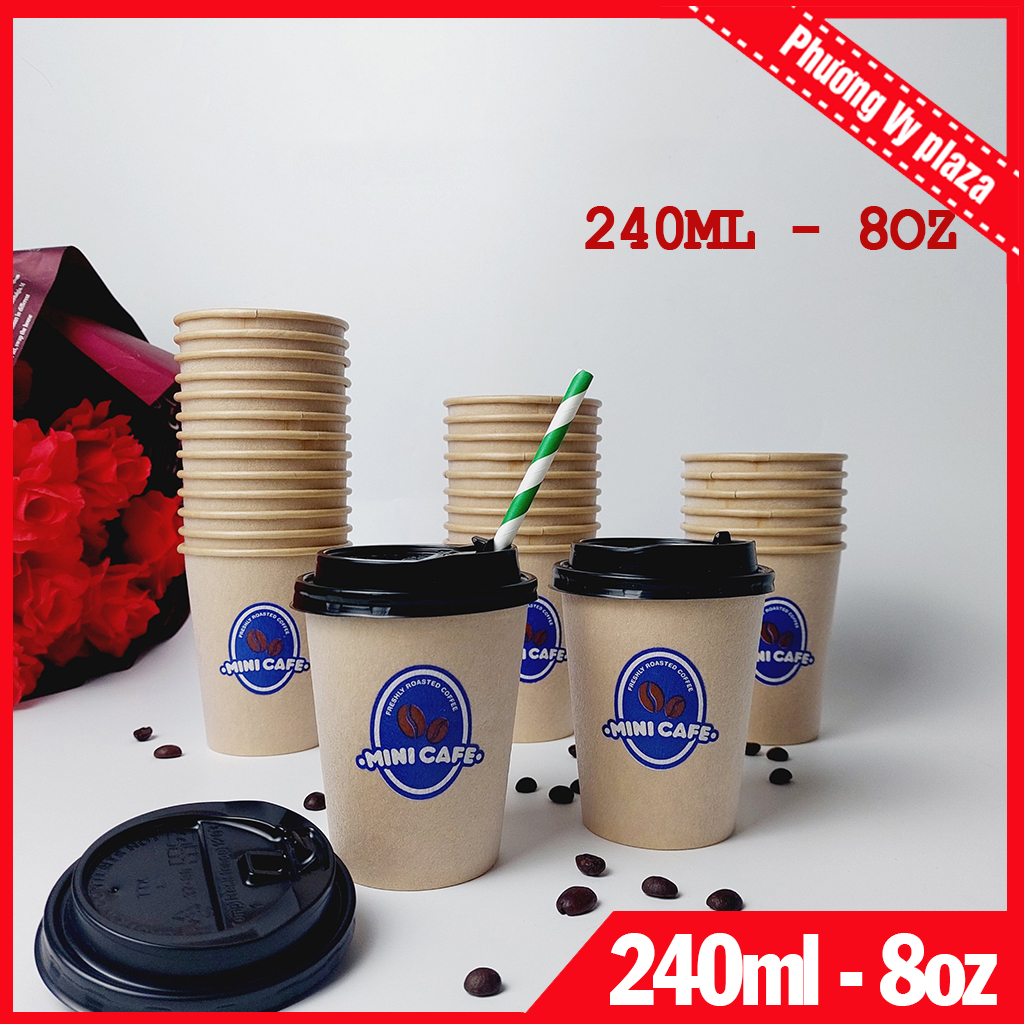 50 chiếc cốc giấy nắp đen 240ml - 8oz mini café nhập khẩu hàn quốc