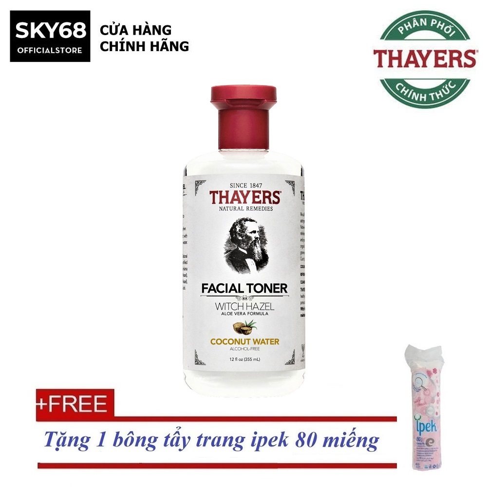 Nước hoa hồng Thayers Coconut Water Witch Hazel, Alcohol-Free Toner 355ml + Tặng 1 bông Ipek 80 miếng