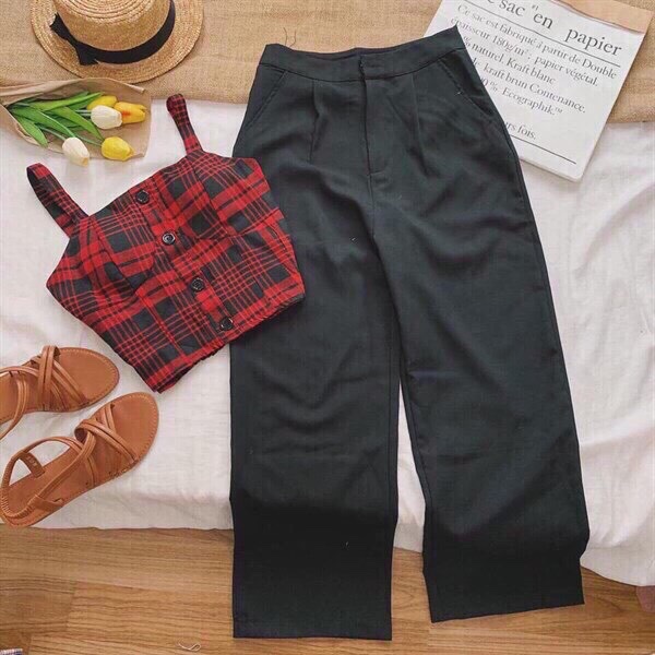 ÁO HAI DÂY NỮ CARO CROPTOP CHẤT LIỆU KATE LỤA PHỐI QUẦN ỐNG RỘNG NHƯ HÌNH ĐI NGUYÊN SET - THỜI TRANG SÀI GÒN GIÁ RẺ