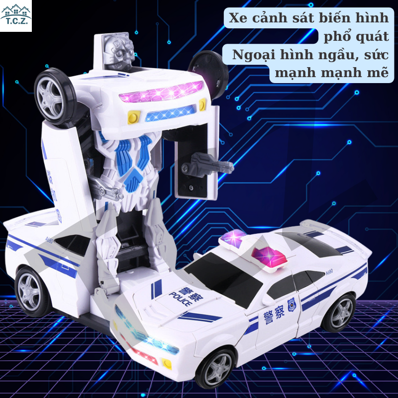 (Hàng sẵn) Xe đồ chơi robot oto biến hình, xe cảnh sát biến hình, xe police đồ chơi cảnh sát điện dành cho bé yêu. Xe biến hình robot,  ô tô cảnh sát có đèn led, xe chạy pin, món quà tốt nhất dành cho trẻ em.