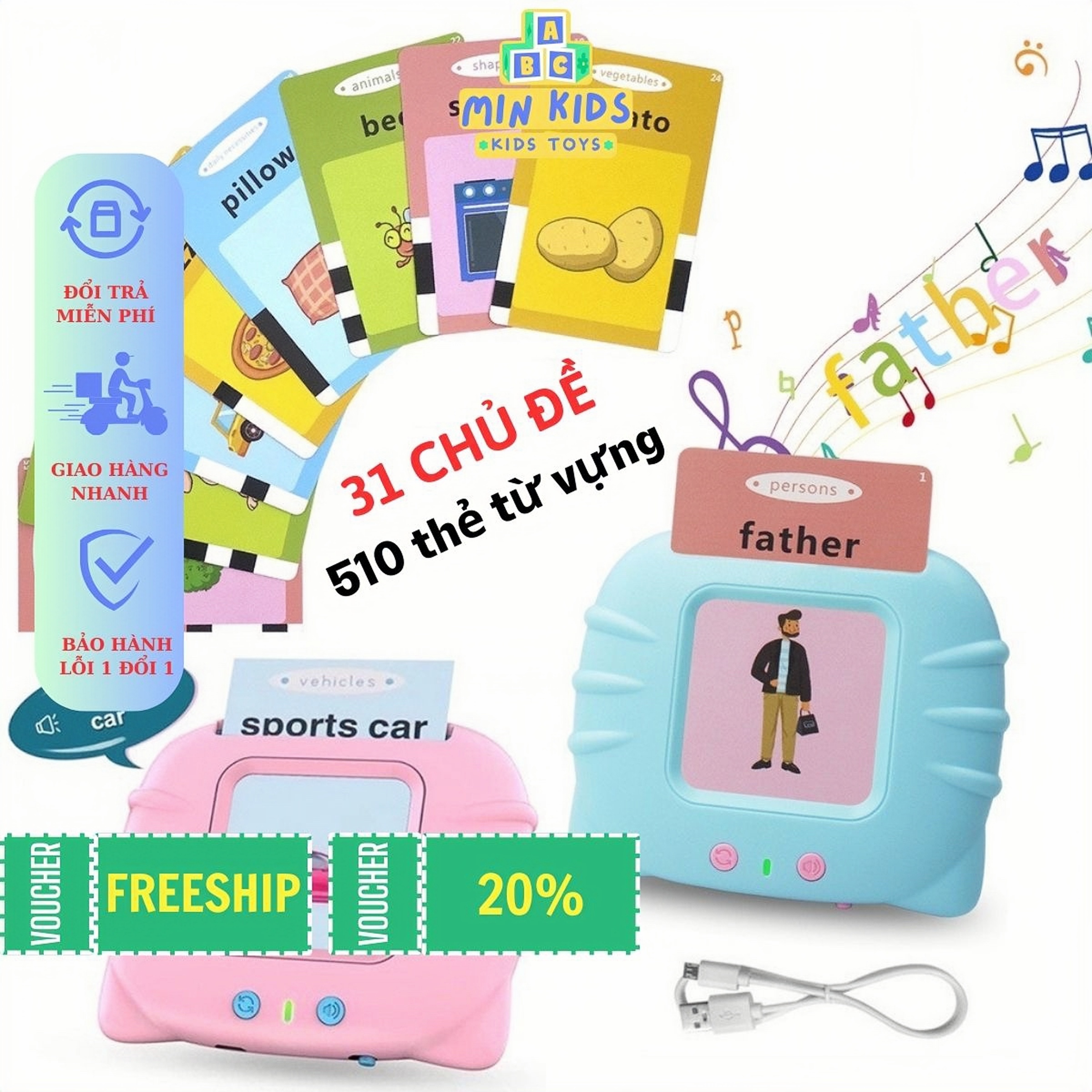 Máy đọc thẻ song ngữ anh việt, máy đọc thẻ, flashcard tiếng anh 510 từ vựng, máy học tiếng anh cho bé
