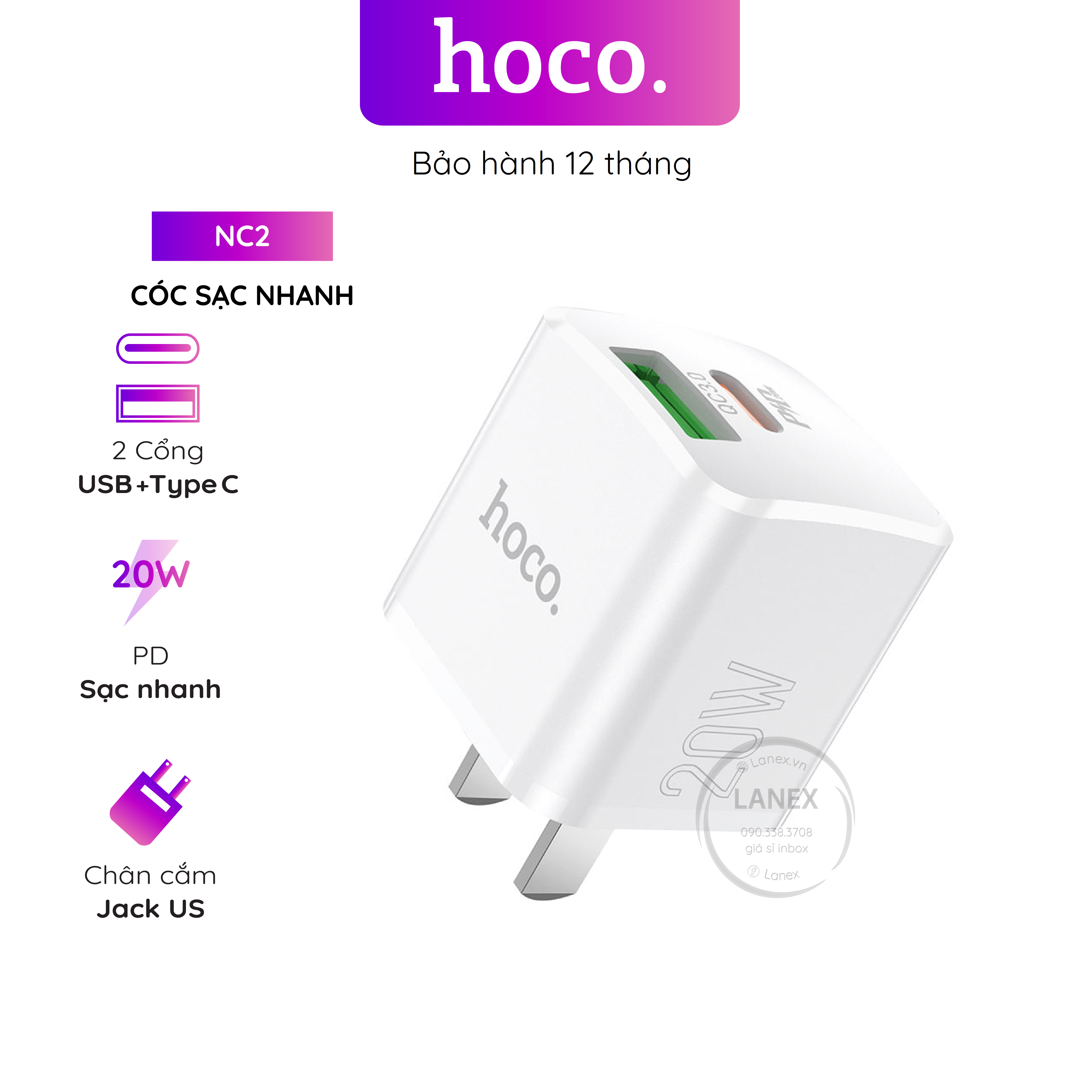 Cóc sạc nhanh hoco nc2 1 cổng usb type c pd qc3.0 20w