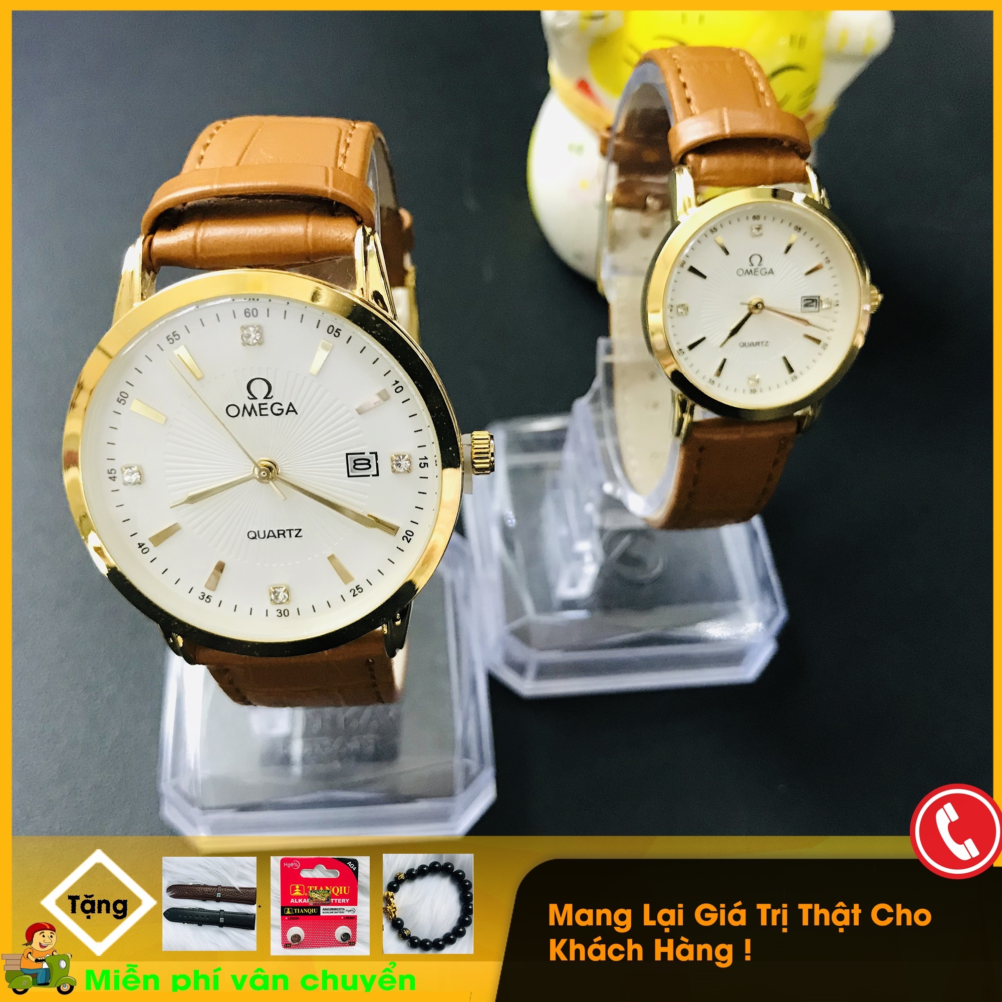 [MỪNG SINH NHẬT] COMBO 3 MÓN QUÀ (VÒNG ĐÁ + PIN + DÂY DA) KHI MUA ĐỒNG HỒ ĐÔI NAM NỮ, DÂY DA MÀU NÂU SÁNG, MẶT KÍNH CHỐNG XƯỚC, DÂY DA NÂU BÒ, CHỐNG XƯỚC, CHỐNG NƯỚC 3ATM, LỊCH NGÀY