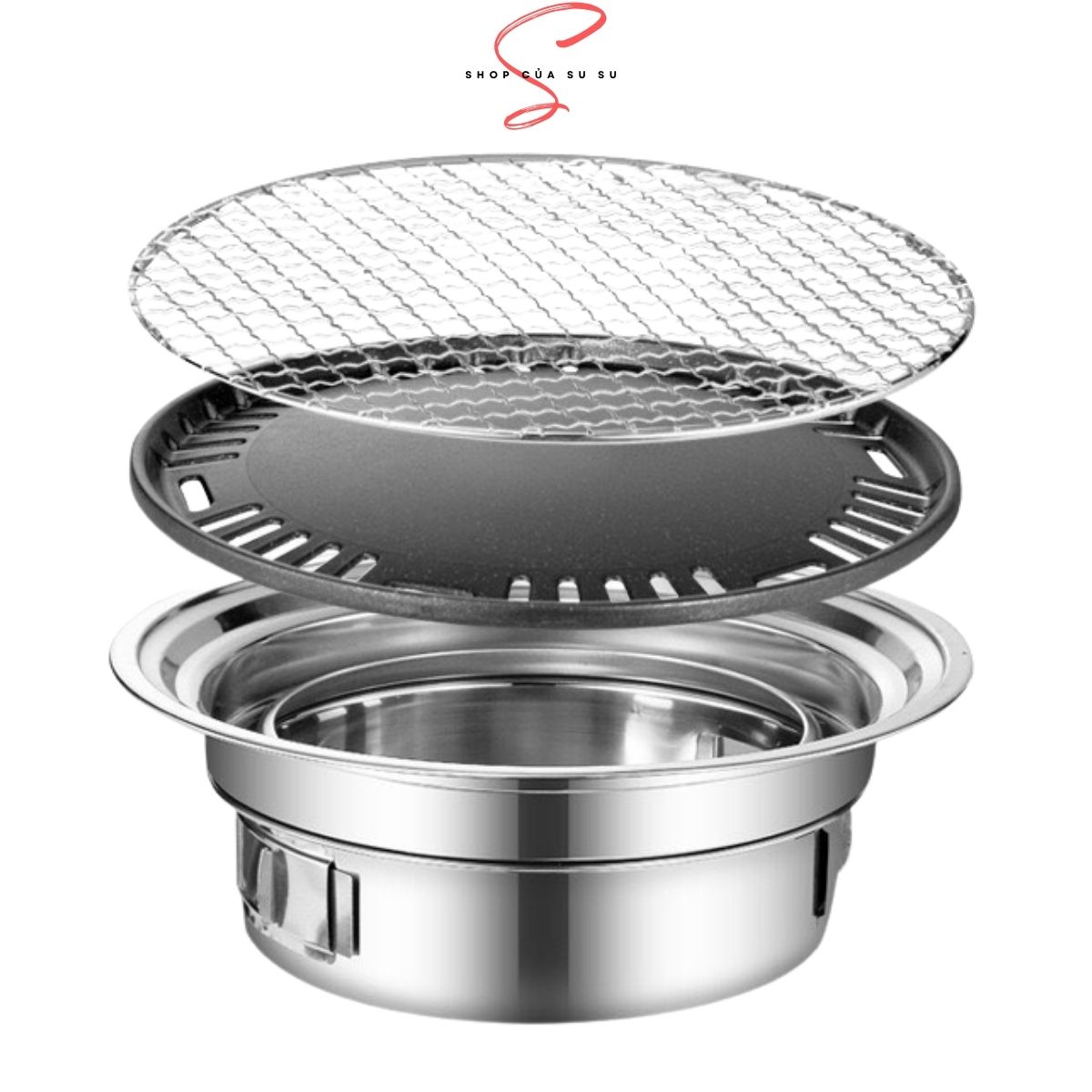 Bếp nướng than hoa không khói Hàn Quốc, Bếp nương inox ngoài trời, trong nhà, cắm trại, Có sẵn vỉ nương bằng gang và lưới