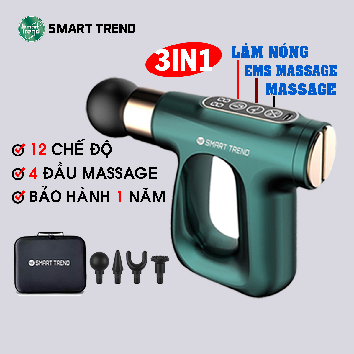 Máy massage cầm tay 3 trong 1 "massage+làm nóng+ems massage", máy mát-xa cầm tay smart trend mscc 12 chế độ, 4 đầu massage