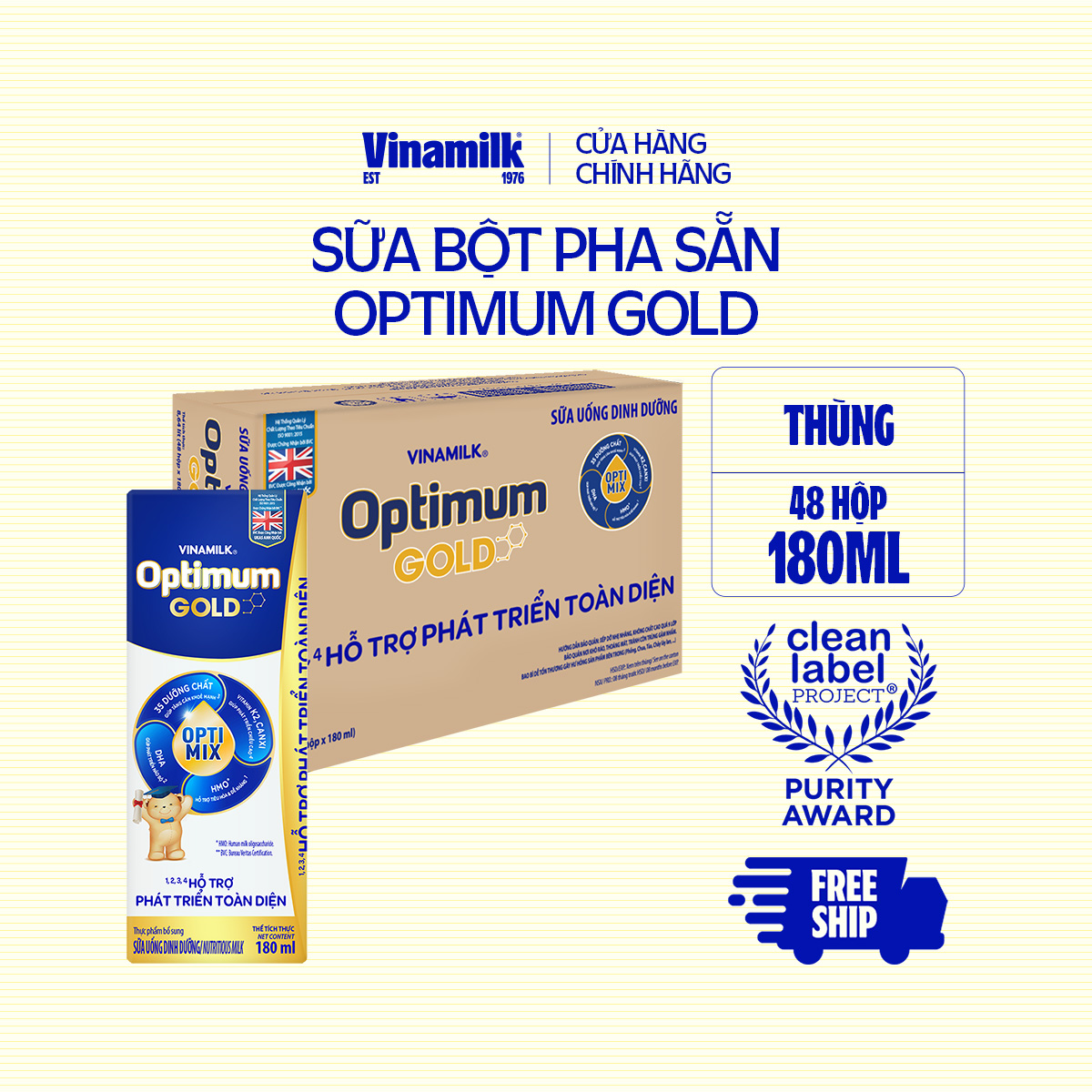Thùng 48 hộp sữa bột pha sẵn Vinamilk Optimum Gold 180ml - Sữa nước hỗ trợ phát triển toàn diện, chất lượng quốc tế