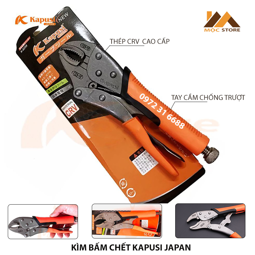 Kìm bấm chết ngàm cong có tay bọc kapusi japan chiều dài kìm 230mm, độ mở ngàm tối đa 65mm - kềm bấm chết đa năng tiêu chuẩn nhật bản