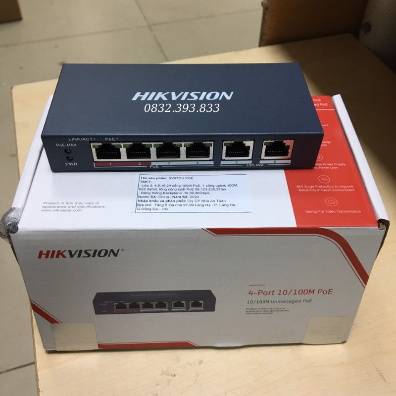 Switch mạng 4 cổng PoE Hikvision DS-3E0106P-E/M có 2 cổng Uplink 10/100Mbps - BẢO HÀNH 24 THÁNG