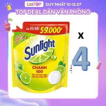 (1 THÙNG 4 TÚI) Nước rửa chén bát 2.6kg Sunlight Hương Chanh 100