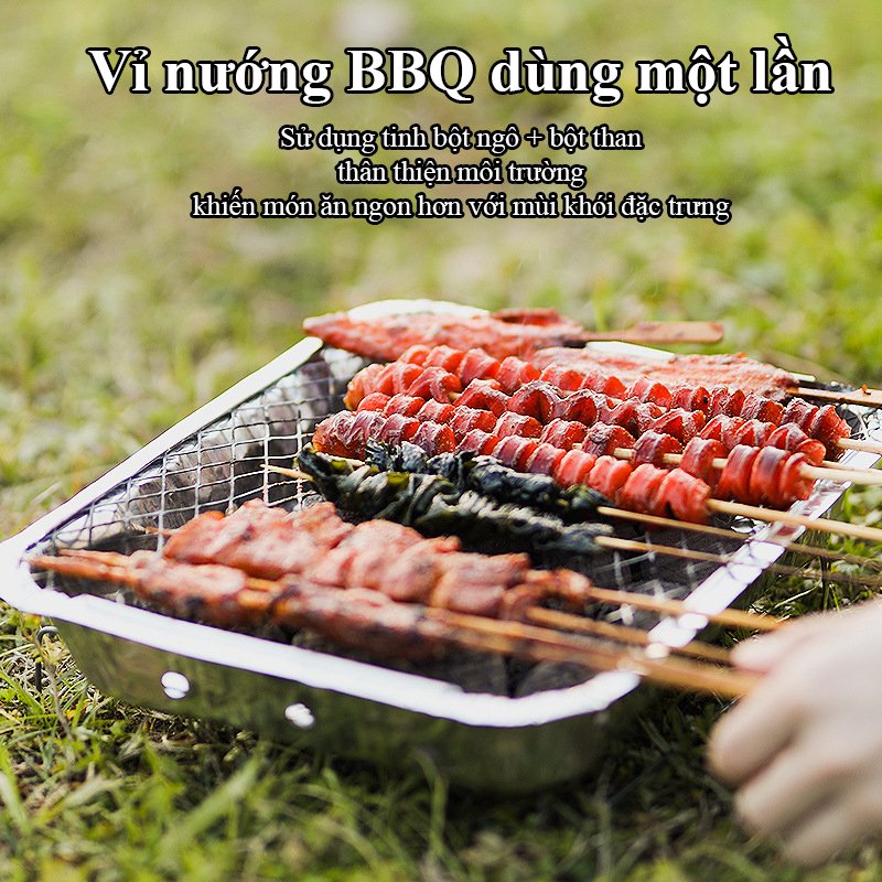 Bếp nướng than ngoài trời, dùng 1 lần, vỉ nướng thịt BBQ, dã ngoại, du lịch, tặng kèm 20 que xiên thịt