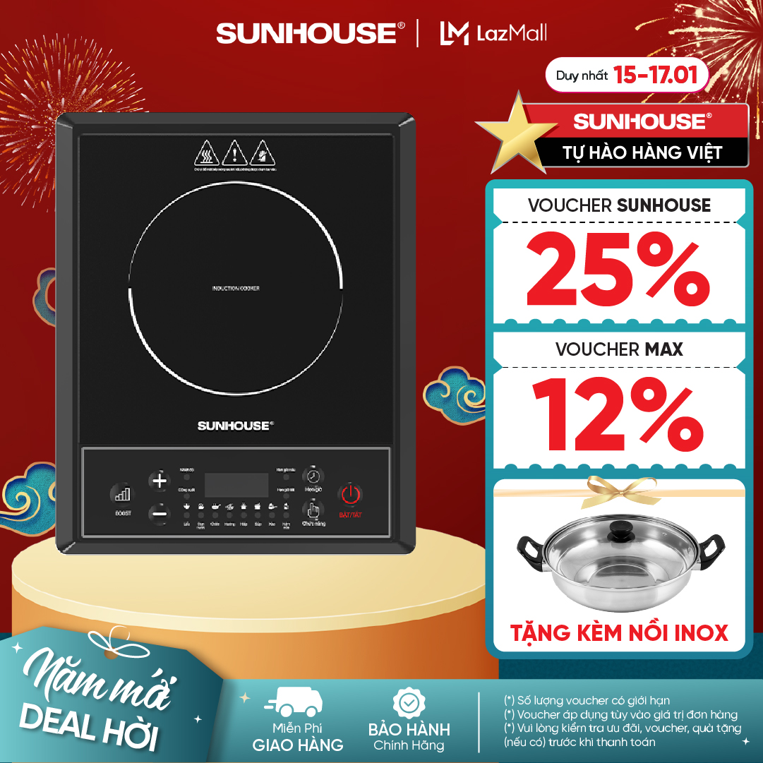 Bếp từ đơn sunhouse shd6154 - công suất 2000w - 8 chế độ nấu - 10 mức nhiệt - chế độ hẹn giờ - bảo hành 12 tháng