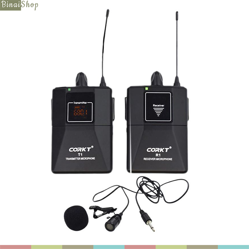 Corkt t1/corkt t2 - micro gài áo không dây, sóng uhf tần số riêng, cự ly hoạt động 50m, sử dụng pin aa, thời gian hoạt động 4h liên tục