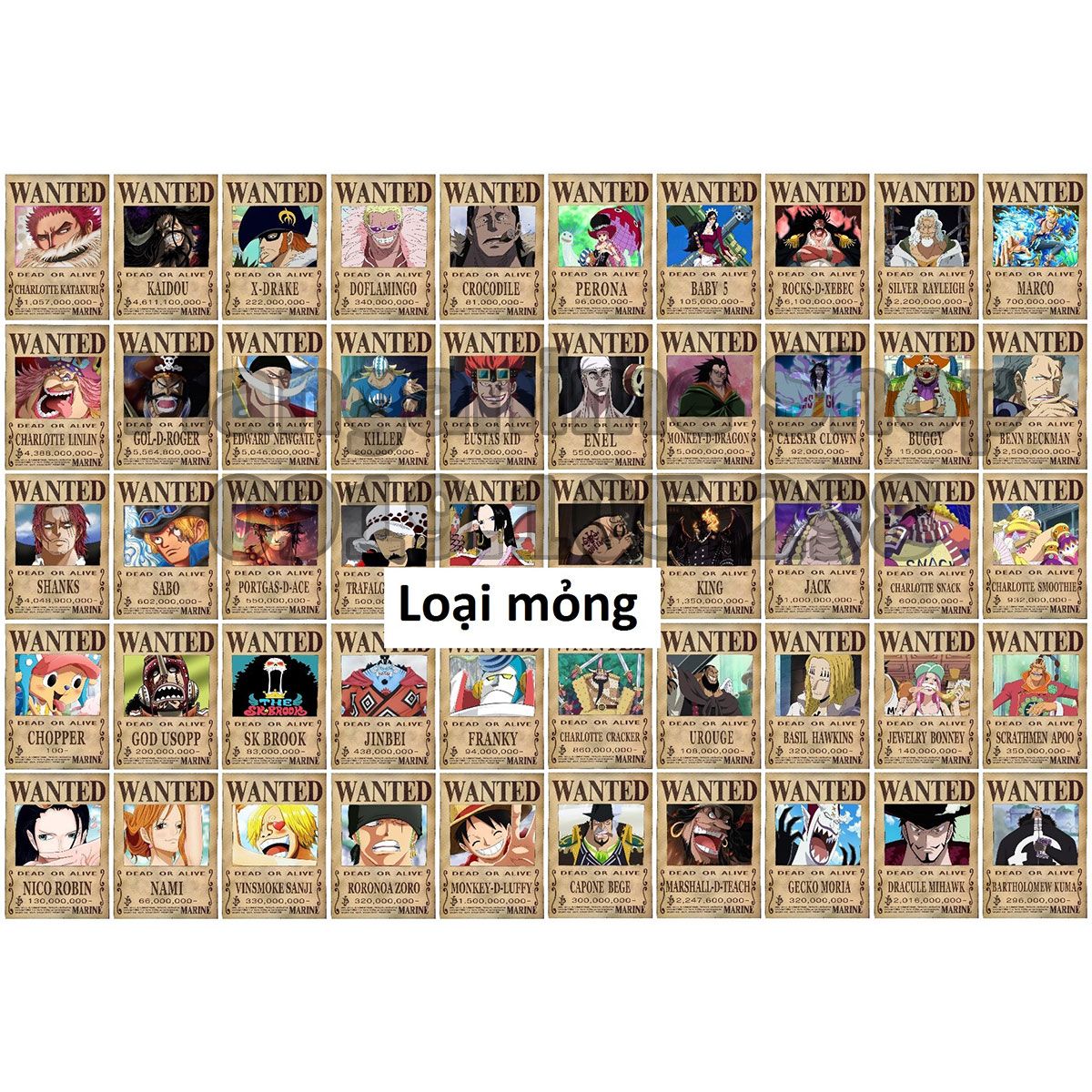 [Size A5 14x20] Combo 50 tấm truy nã Onepiece wanted poster loại mỏng