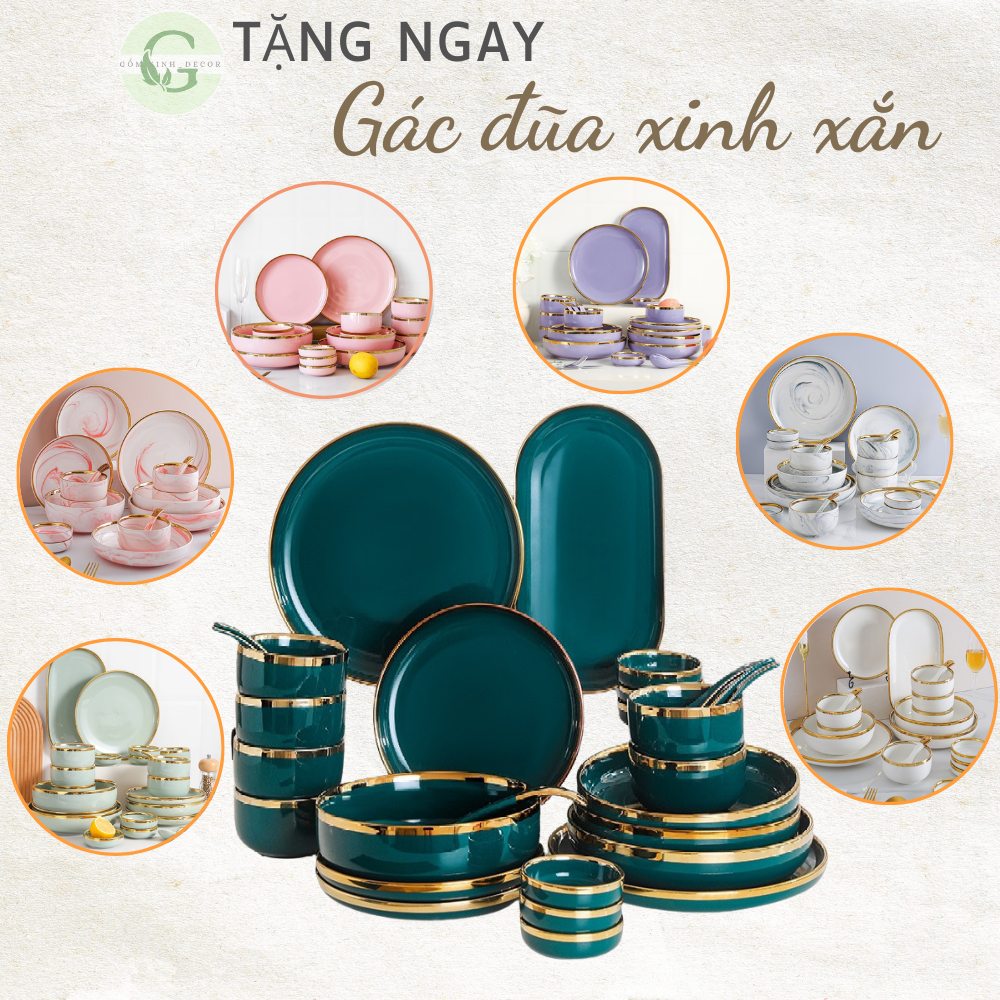 Bộ bát đĩa cao cấp,chén dĩa sứ 26 món viền vàng các màu phong cách Bắc Âu sang trọng