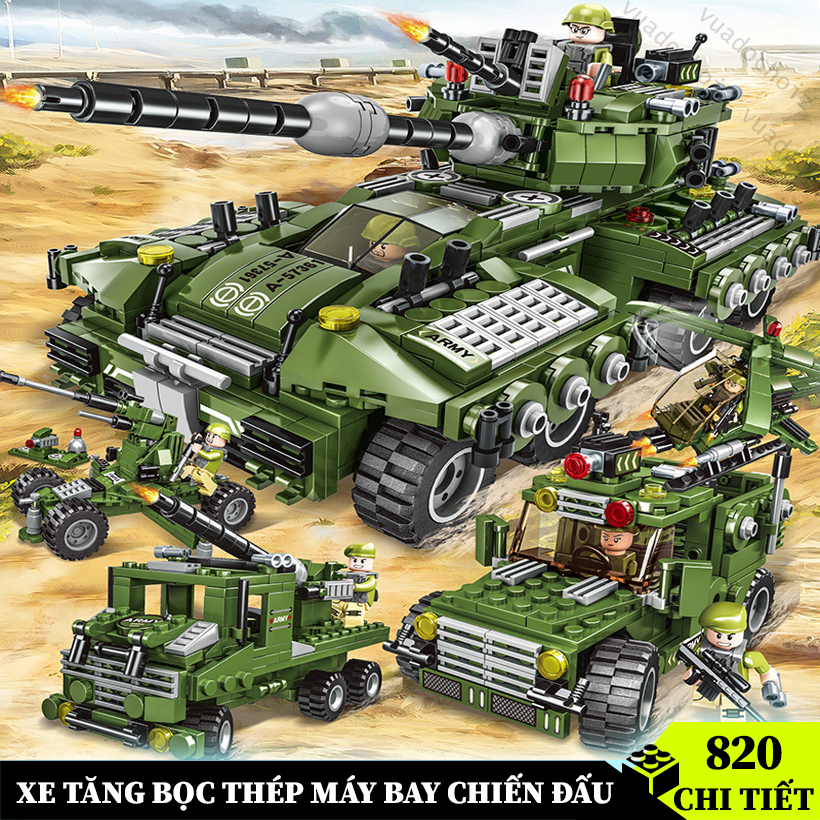 820 chi tiết Đồ chơi lắp ráp xe tăng xanh 1 nòng, mô hình xe chỉ huy, máy bay chiến đấu