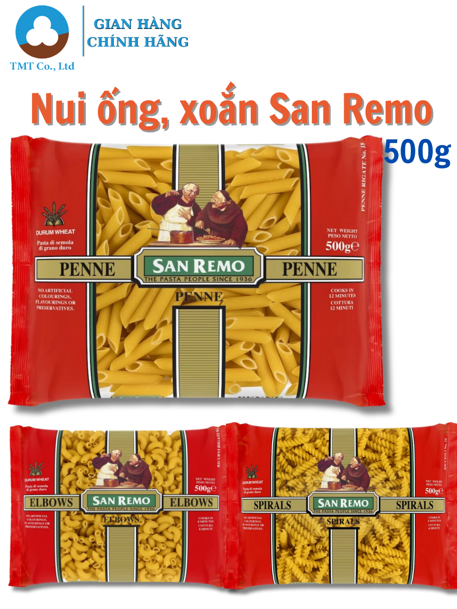 Nui San Remo 500g dạng nui ống Penne, nui xoắn Spirals, nui Elbows
