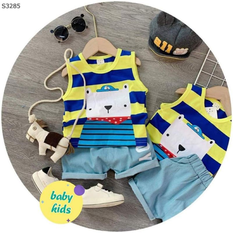 Bộ Sát Nách Cho Bé ️Set Ba Lỗ Áo Cotton Hình Gấu Phối Quần Bò, Set Bé Trai