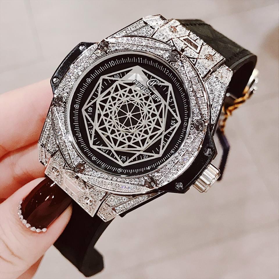 [HCM]Đồng Hồ Huboler Nam Mặt Nhện Đính Đá Dây Silicon Đen Silver 50mm Chính Hãng