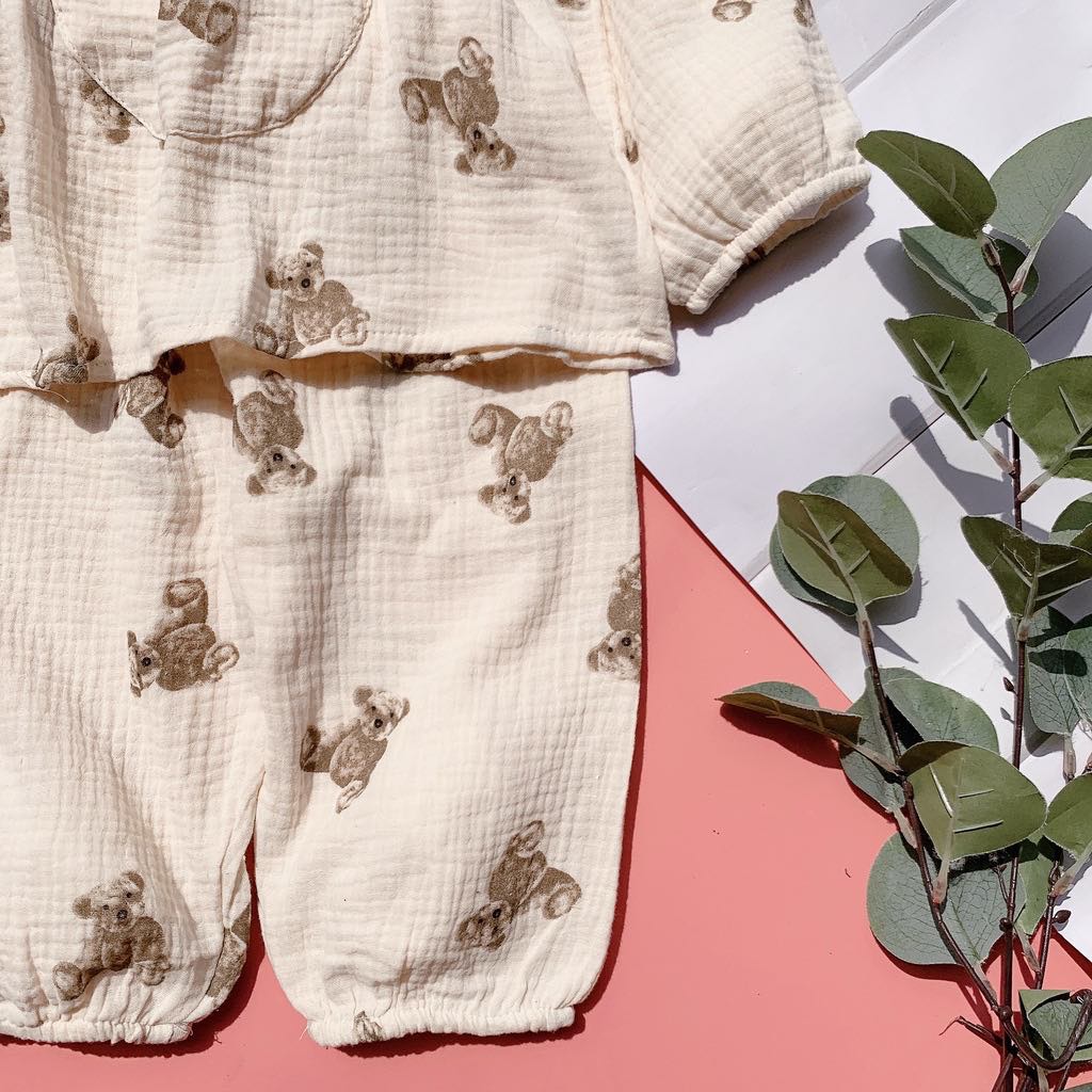Bộ xô muslin dài tay thu đông thời trang cho bé, bộ đũi trắng kem nâu combo 2 bộ