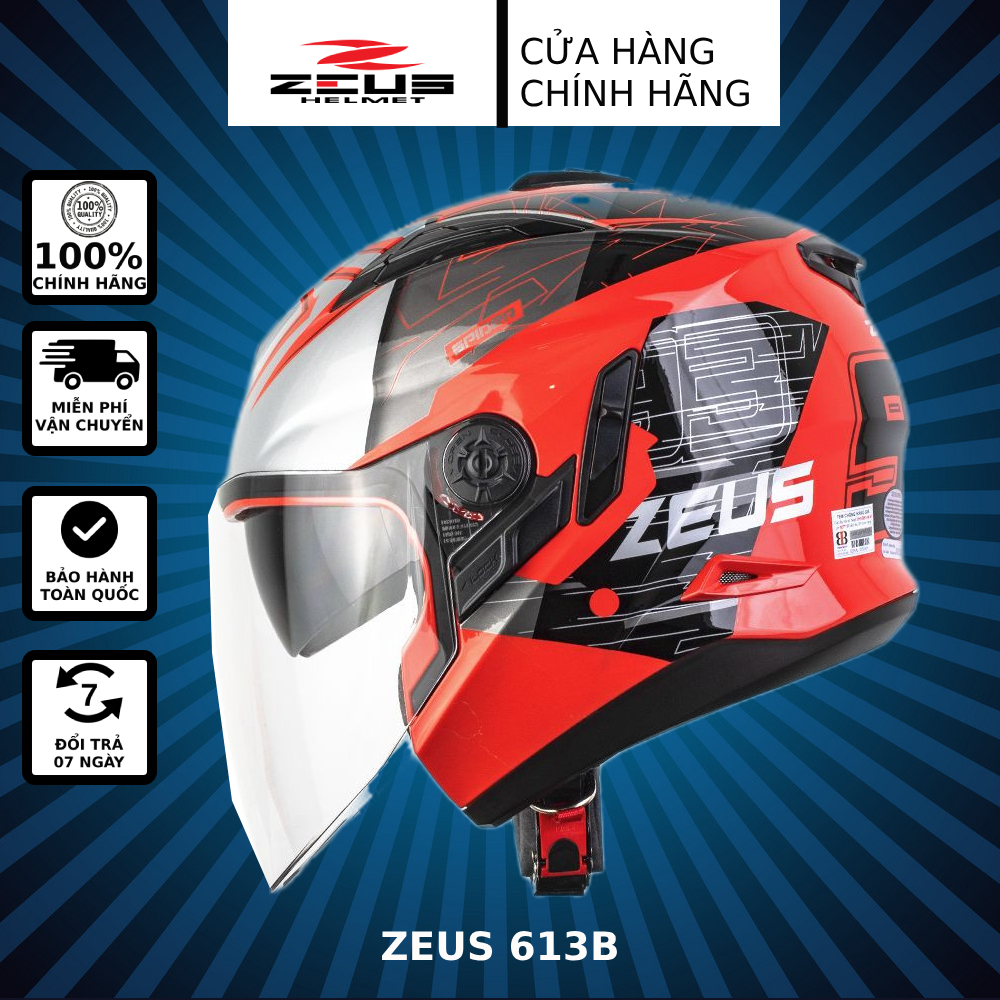 Mũ 3/4 zeus 613b spider red tặng mái che