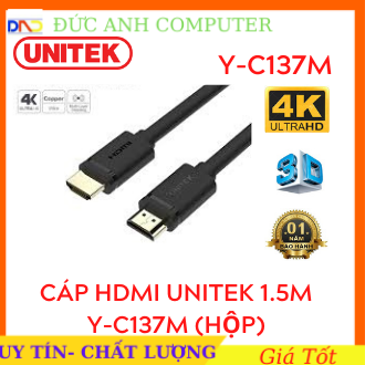 Dây Cáp HDMI 1.5M  UNITEK Y-C137M (Hộp) Chuẩn 4K Ultra HD và 3D , Dây HDMI 1.5m, Kết Nối Tivi Độ Nét Cao, 2 Đầu Chuẩn 4k