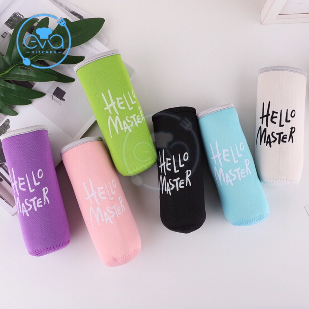 Vỏ bọc vải neoprene in chữ hello master cho bình đựng nước 480 ml