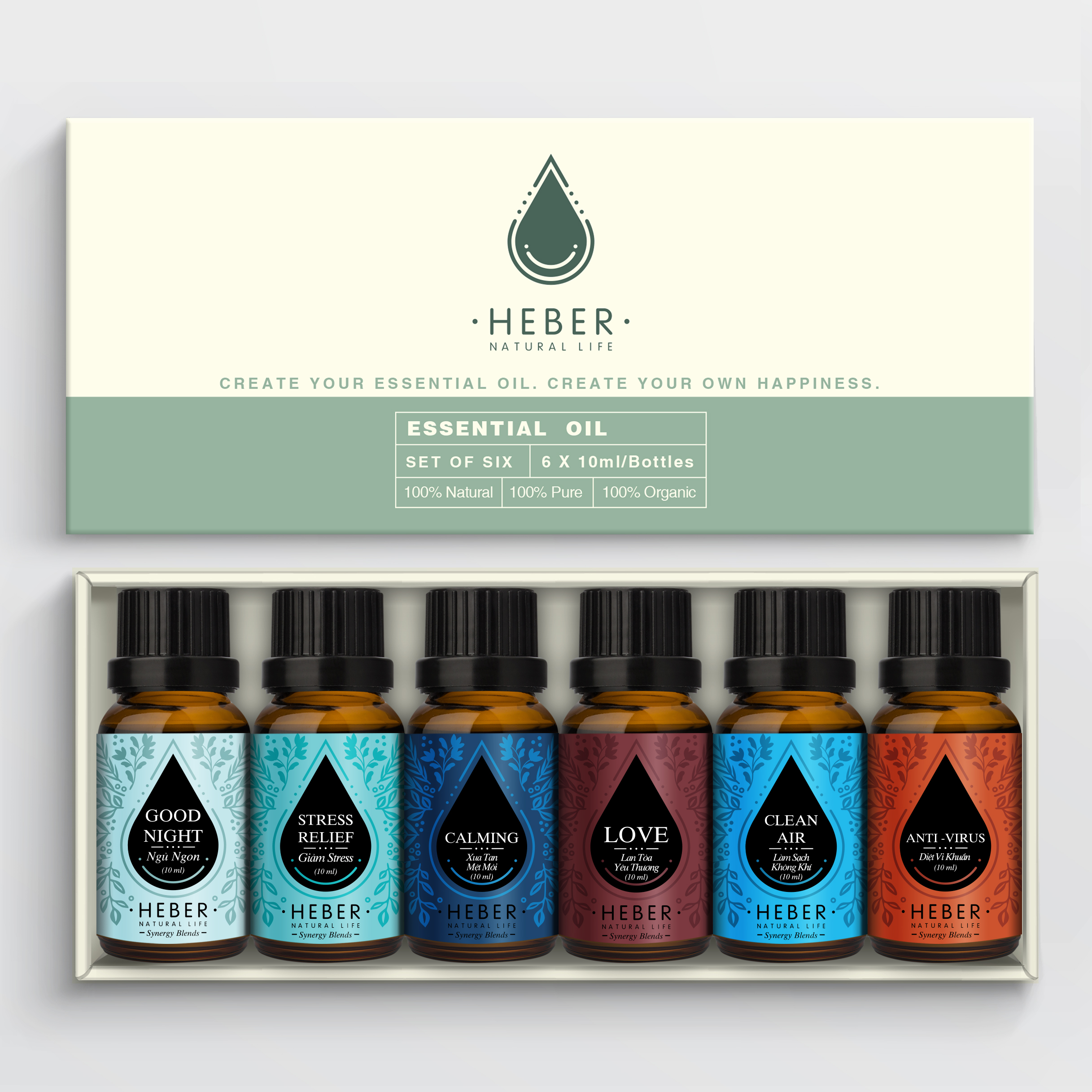 Set 6 Tinh Dầu 10ml Ngủ Ngon+Giảm Stress+Xua Tan Mệt Mỏi+Lan Tỏa Yêu Thương+Làm Sạch Không Khí+Diệt Vi Khuẩn, 100% Thiên Nhiên Nguyên Chất, Cao Cấp Nhập Khẩu, Heber Vietnam