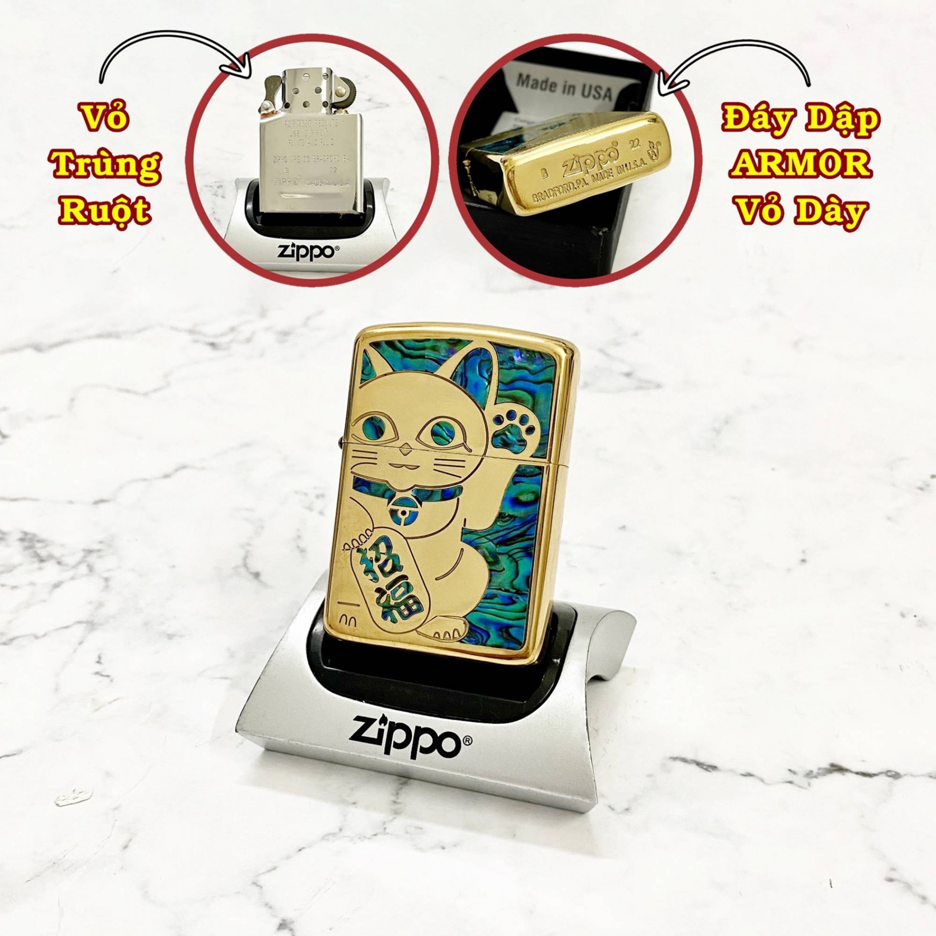 Zippo mỹ chính hãng - zippo khảm xà cừ - zippo amor chủ đề mèo thần tài