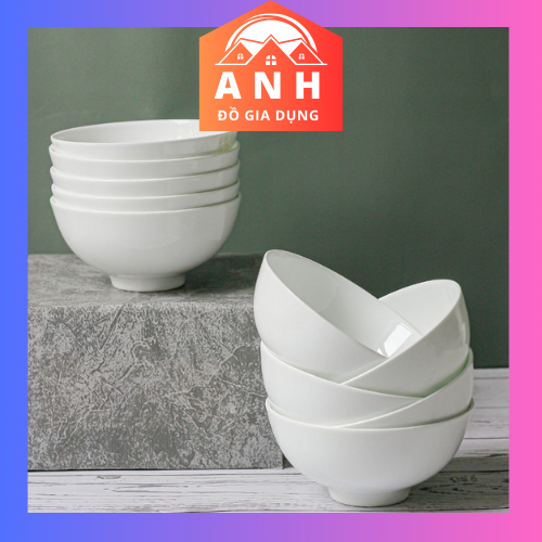 Set 10 chén bát ăn cơm sứ trắng trơn hàng dày