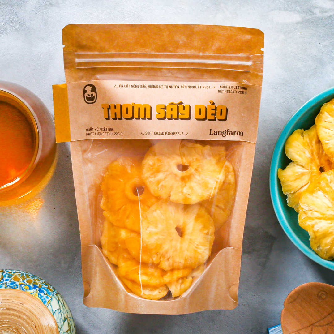  Thơm sấy dẻo Langfarm 225g bịch mẫu kraft 1 mặt trong 