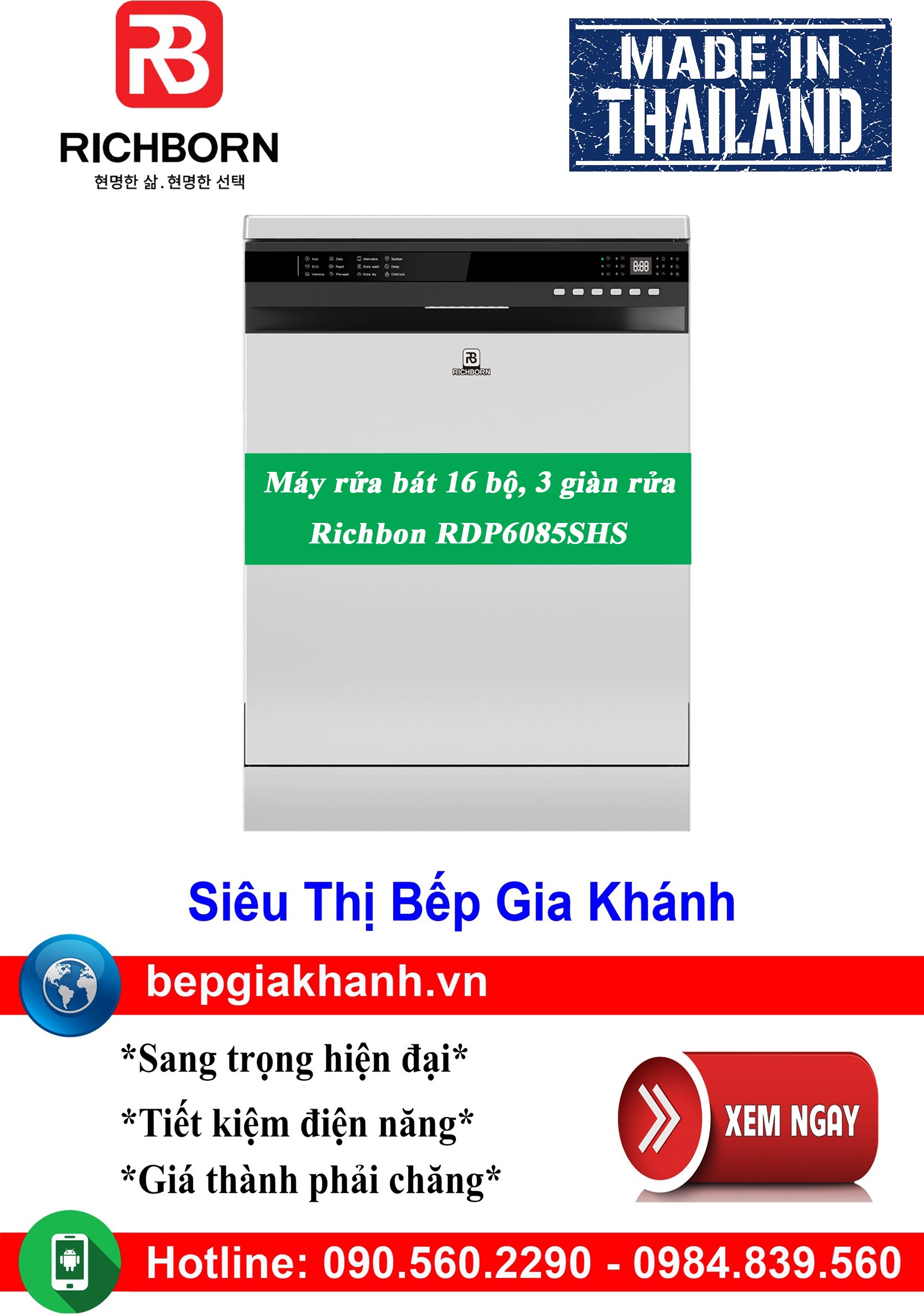 Máy rửa bát 16 bộ Richborn RDP6085SHS nhập khẩu Thái Lan | Màu Bạc | 3 Giàn Rửa, máy rửa chén, máy rửa chén bát, máy rửa bát máy rửa bát giá rẻ, may rua bat, may rua chen may rua bat gia re