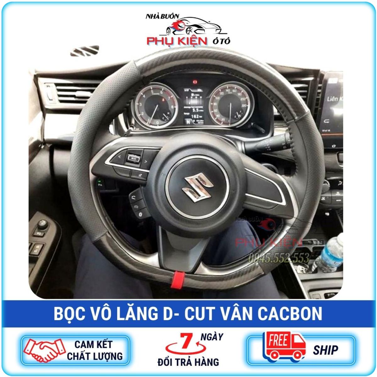 Bọc vô lăng D Cut , da Cacbon cho xe Elantra, Kia Seltos, Suzuki XL7 hàng chuẩn loại 1