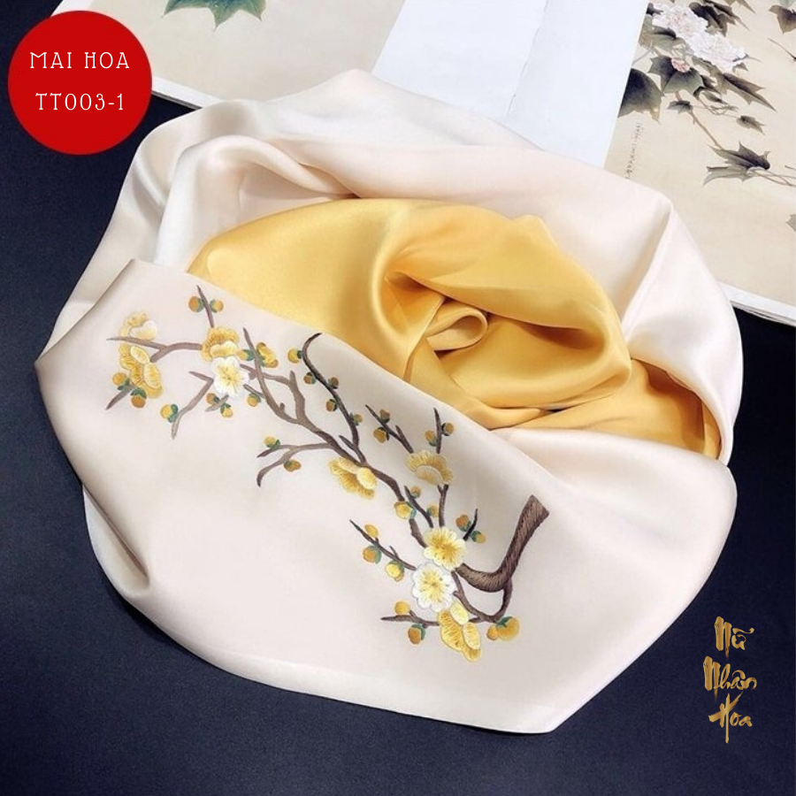 TT003 Khăn Lụa Thêu Tay Cao Cấp Hoạ Tiết Hoa Mai