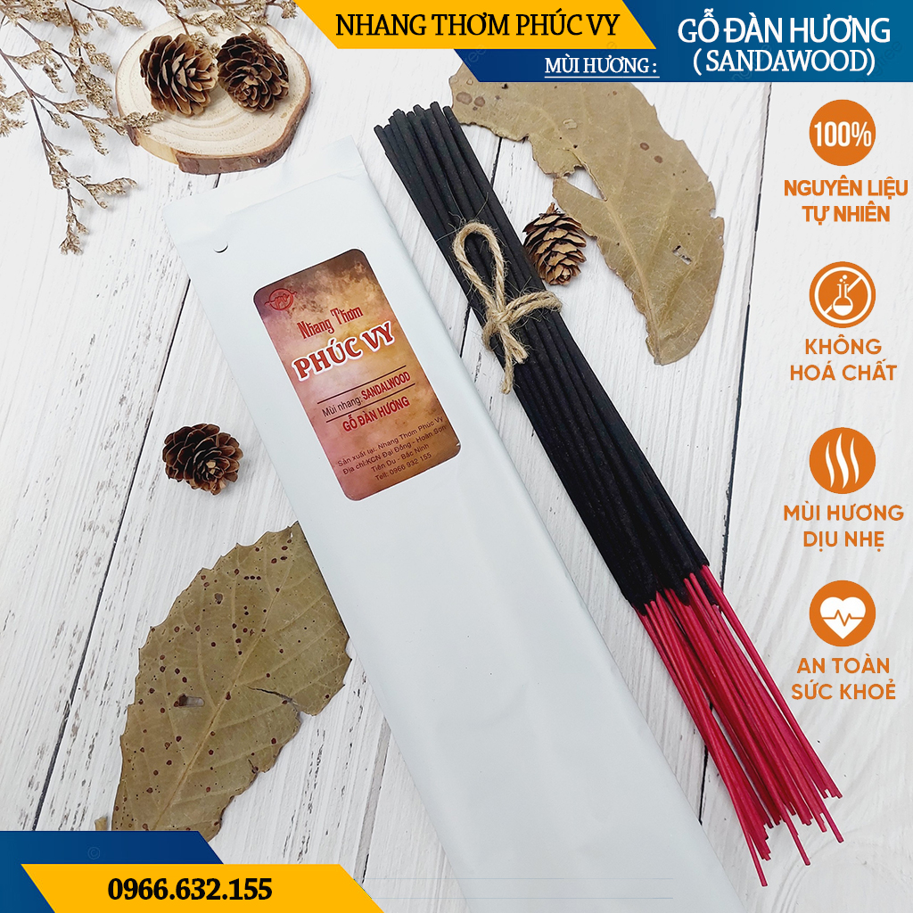 Nhang Thơm Phúc Vy Mùi Gỗ Đàn Hương - Túi 39 Cây 28cm, Ít Khói, Thơm Nhẹ, Dễ Chịu, Không kích mũi