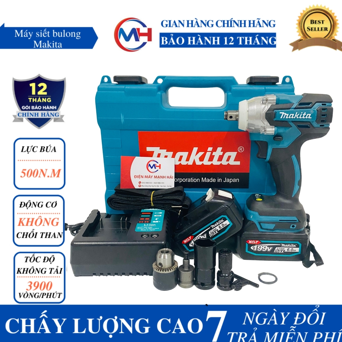 Máy siết bulong không chổi than Makita 500NM - Máy bắn bulong pin MAKITA 199V Tặng kèm 1 đầu chuyển bulong sang khoan + 1 đầu chuyển bắt vít